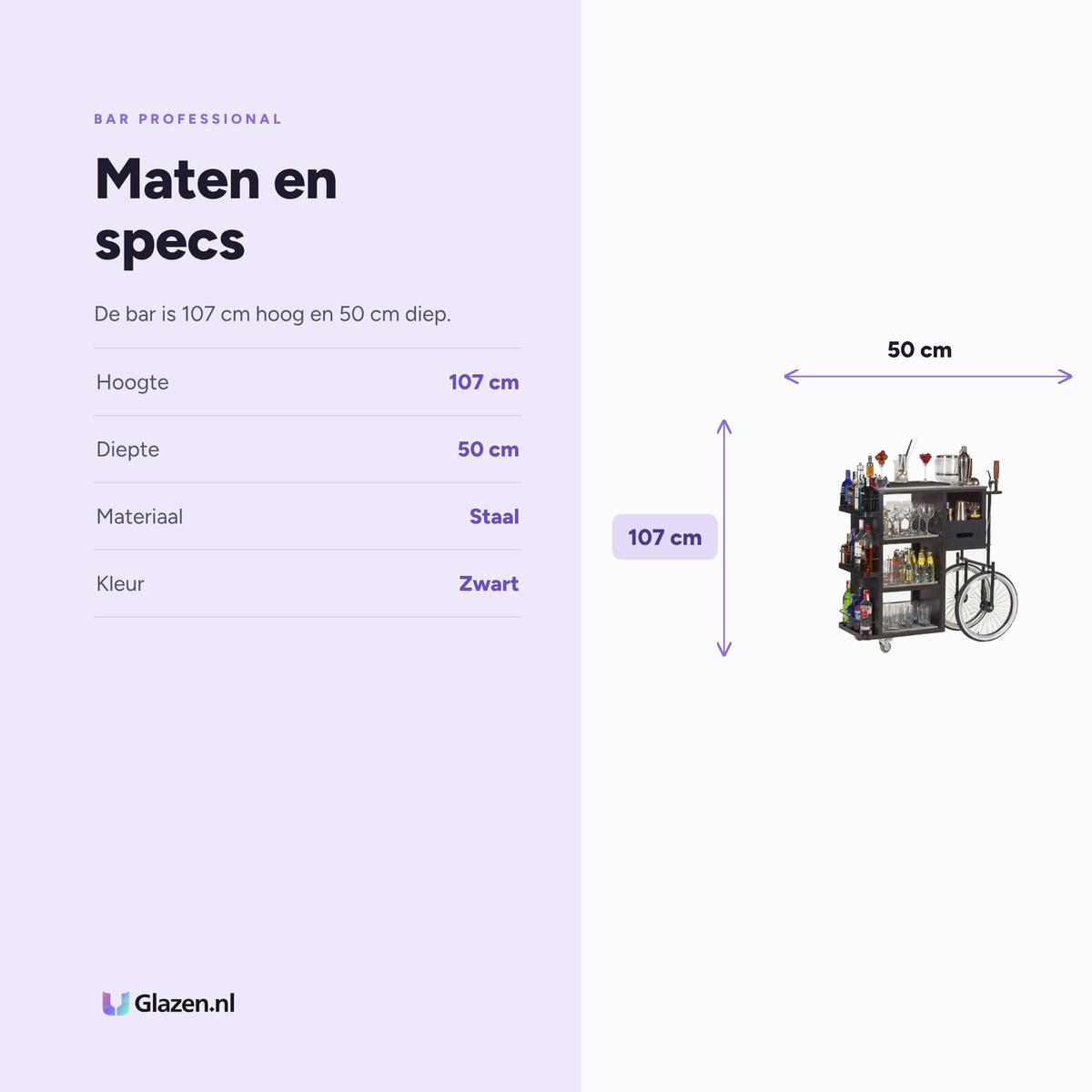 Maten en specificaties van Mobiele Bar Cabrio van Bar Professional