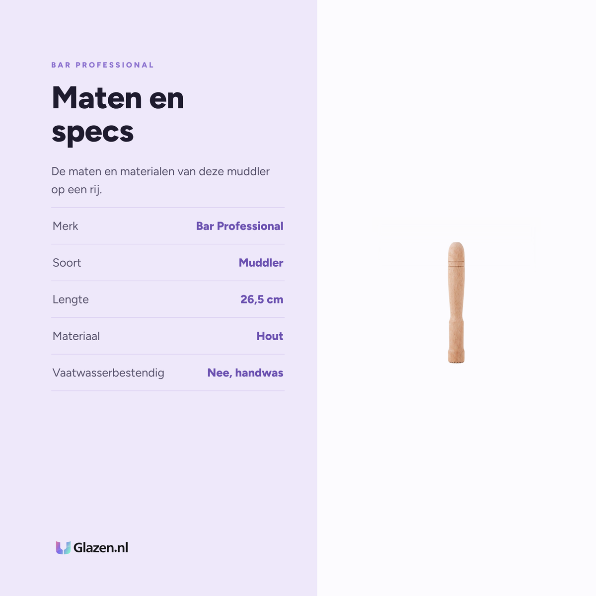 Maten en specs van de Bar Professional muddler hout 26,5 cm