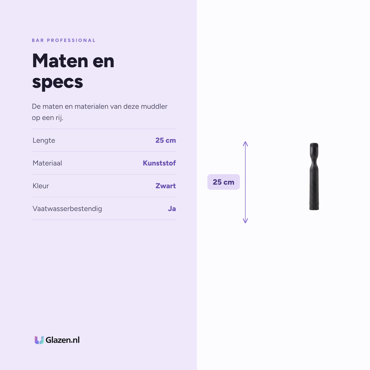 Bar Professional Muddler Kunststof Zwart 25 Cm maten en specificaties - Glazen.nl