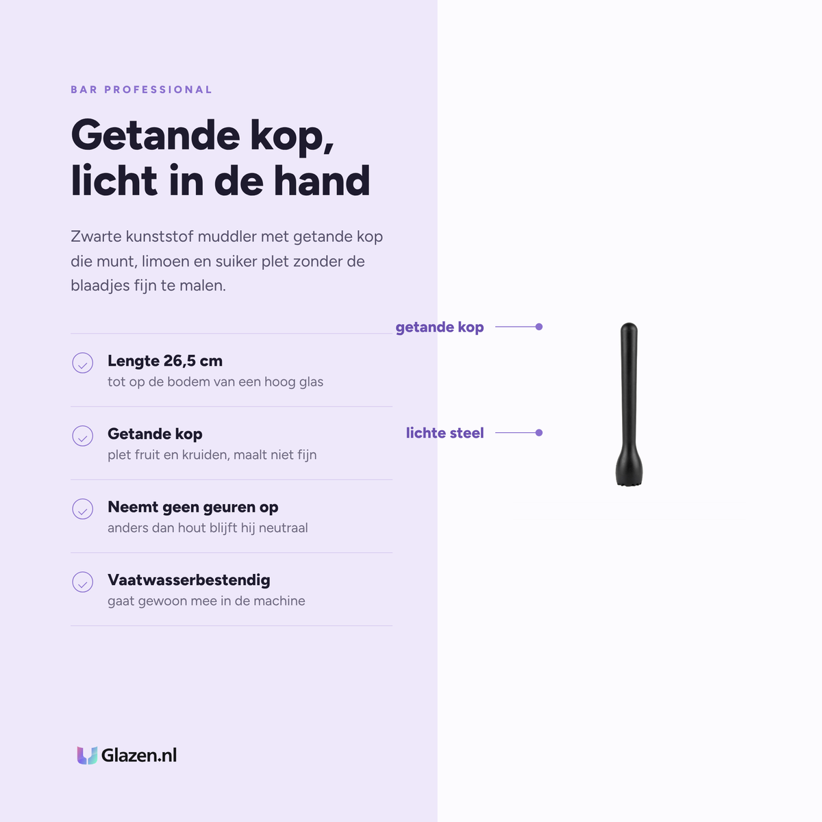Bar Professional Muddler Kunststof Zwart 26,5 Cm eigenschappen - Glazen.nl