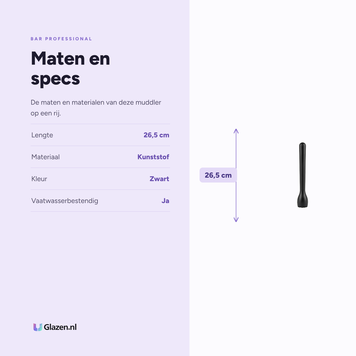 Bar Professional Muddler Kunststof Zwart 26,5 Cm maten en specificaties - Glazen.nl
