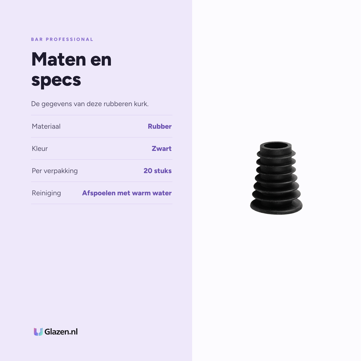 Maten en specificaties van de Bar Professional Rubberen Kurk Geribbeld Zwart - 20 Stuks