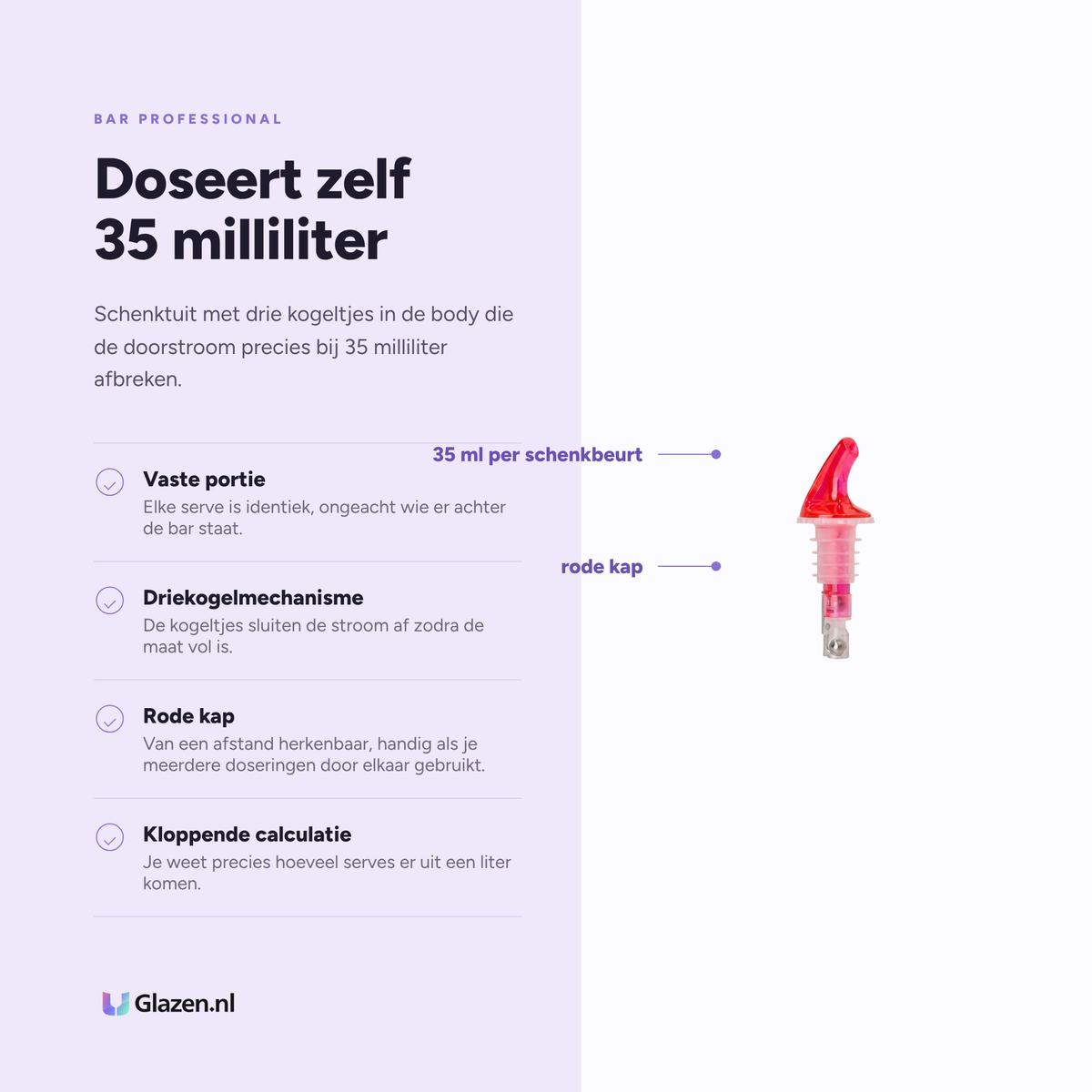 Infographic met de eigenschappen van Bar Professional Schenktuit 3-Ball 35 Ml Rood