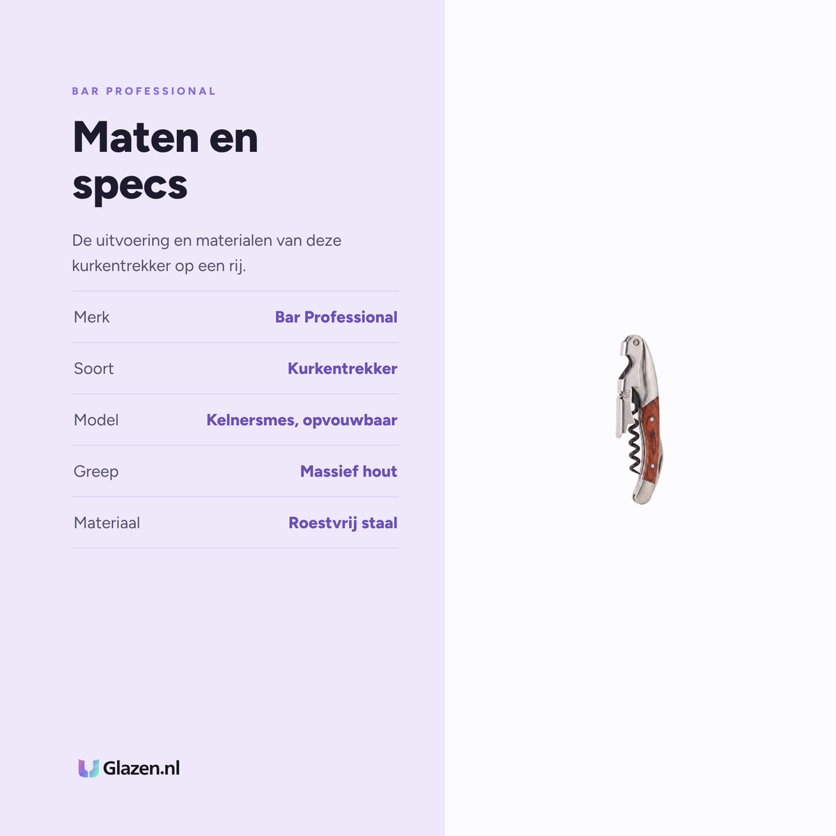 Maten en specs van de Bar Professional sommelier kurkentrekker deluxe hout
