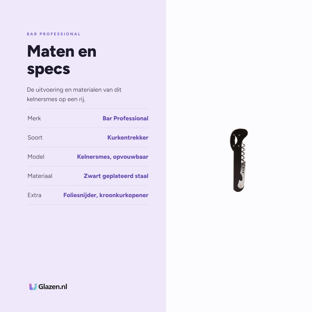 Maten en specs van de Bar Professional sommelier kurkentrekker en foliesnijder zwart