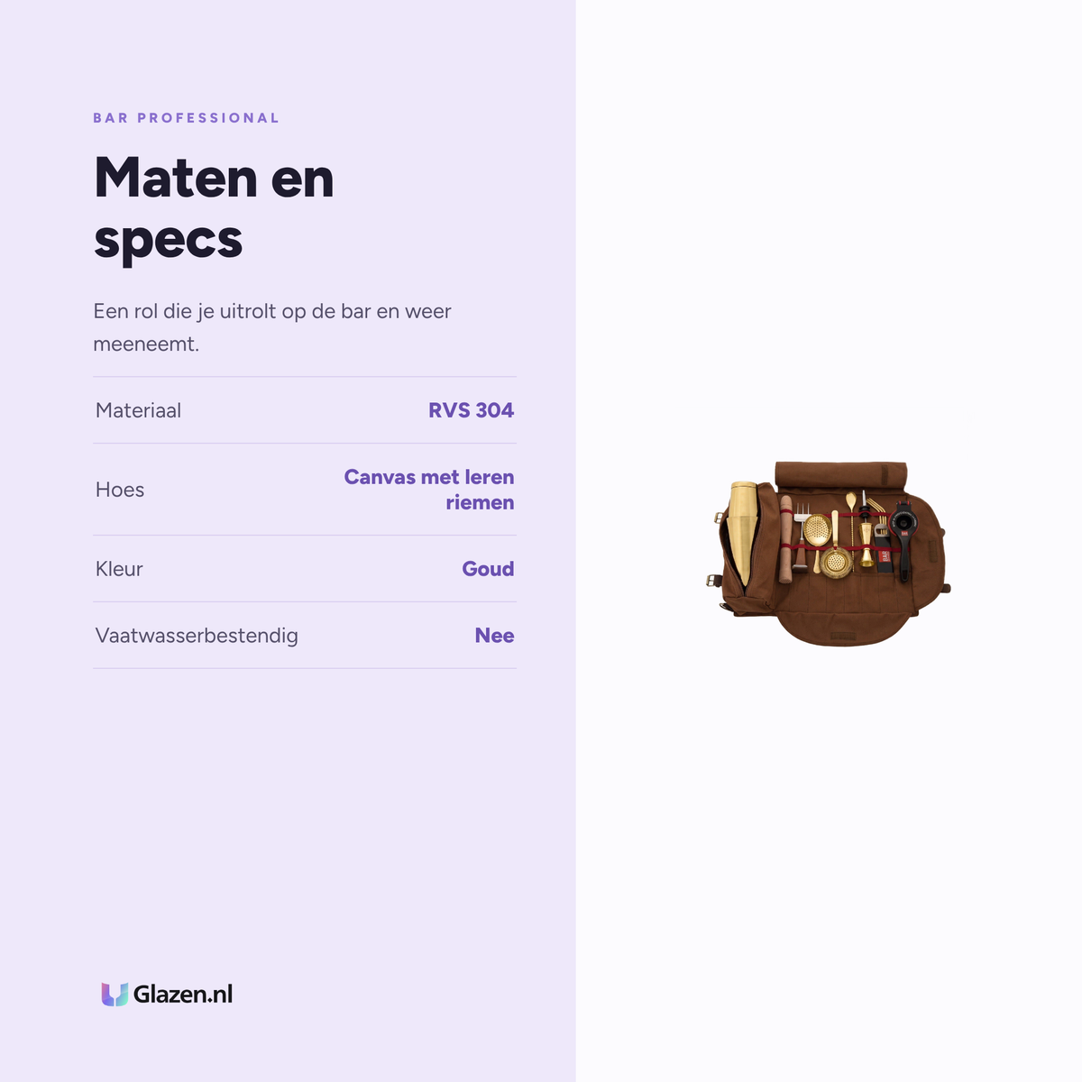 Maten en specificaties van de Bar Professional Speakeasy bartender roll cocktailset goud