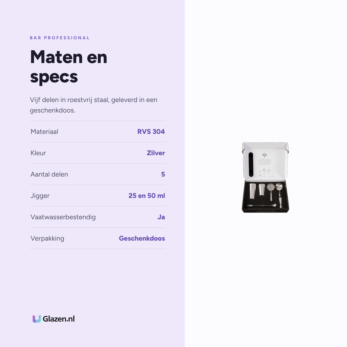 Maten en specificaties van Bar Professional Speakeasy Cocktailset RVS Geschenkset