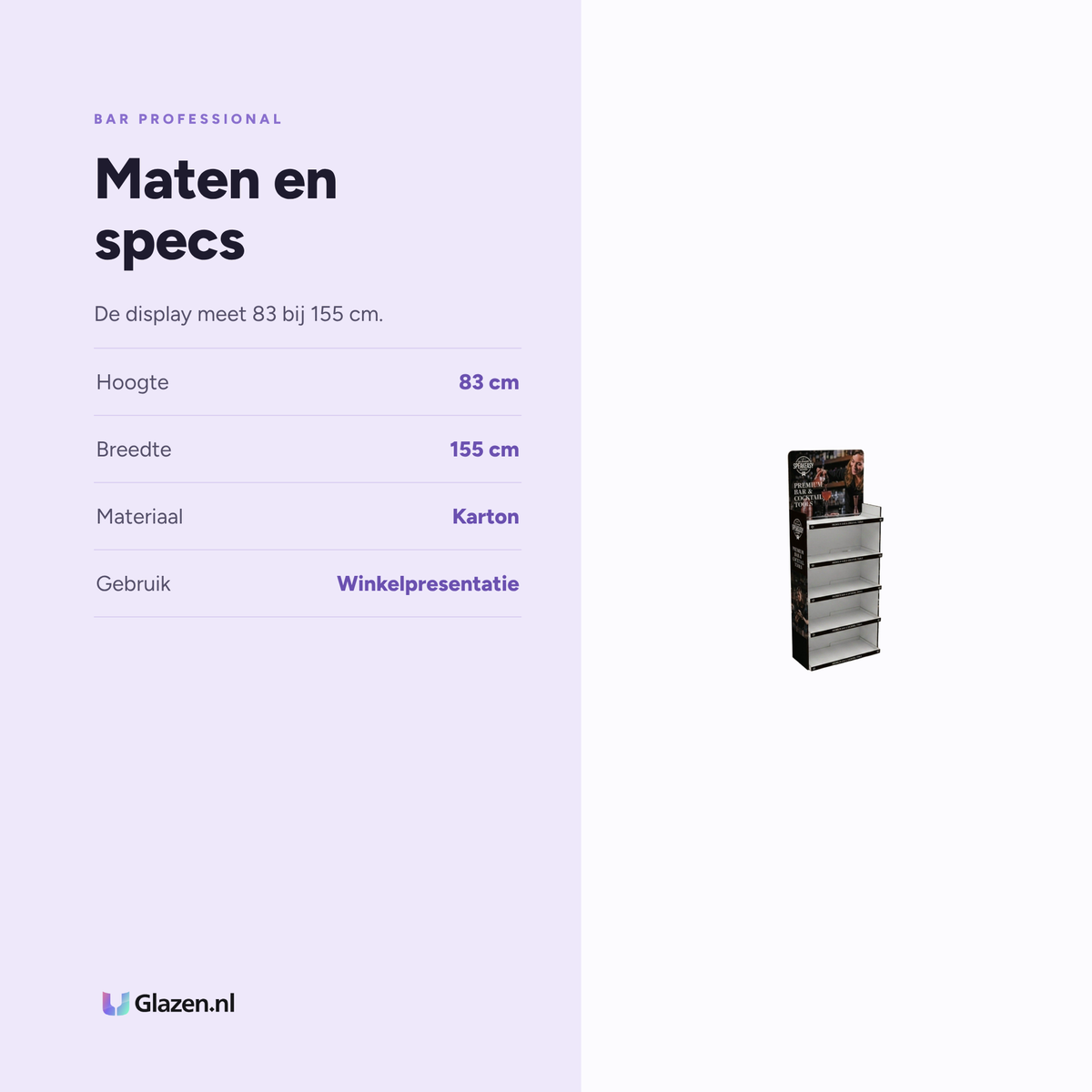 Maten en specificaties van Speakeasy Kartonnen Display van Bar Professional