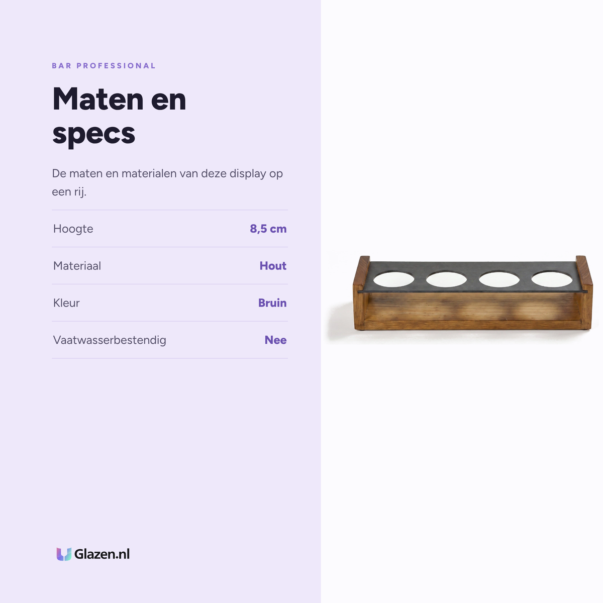 Bar Professional Tasting Display Caddy Hout specificaties: hoogte 8,5 cm, materiaal Hout, kleur Bruin, vaatwasserbestendig Nee