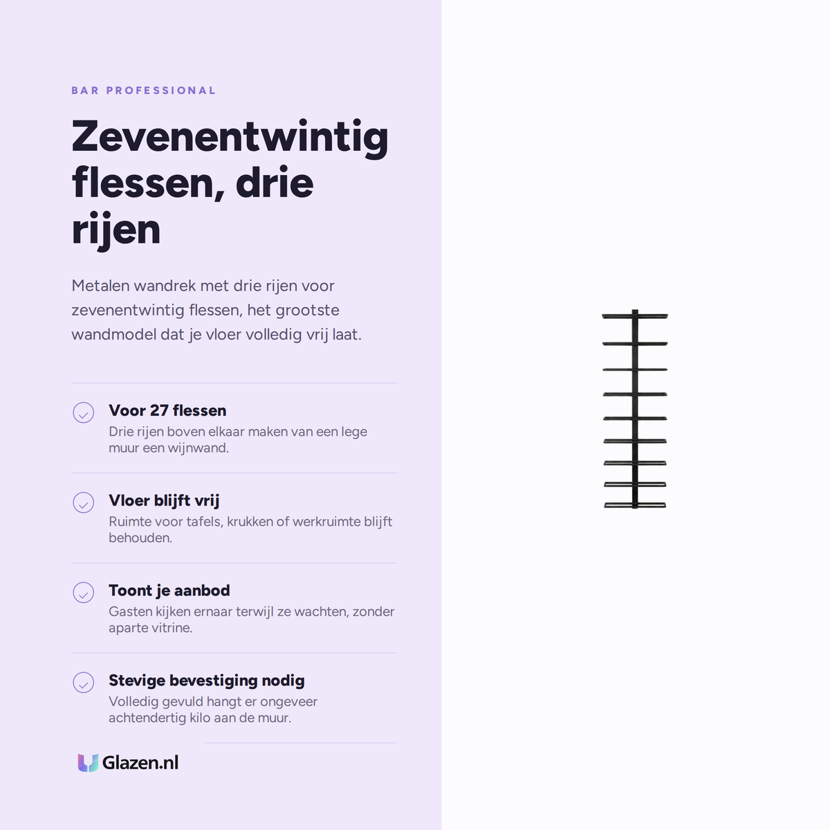 Infographic met de eigenschappen van Bar Professional Wandwijnrek 27 Flessen Metaal