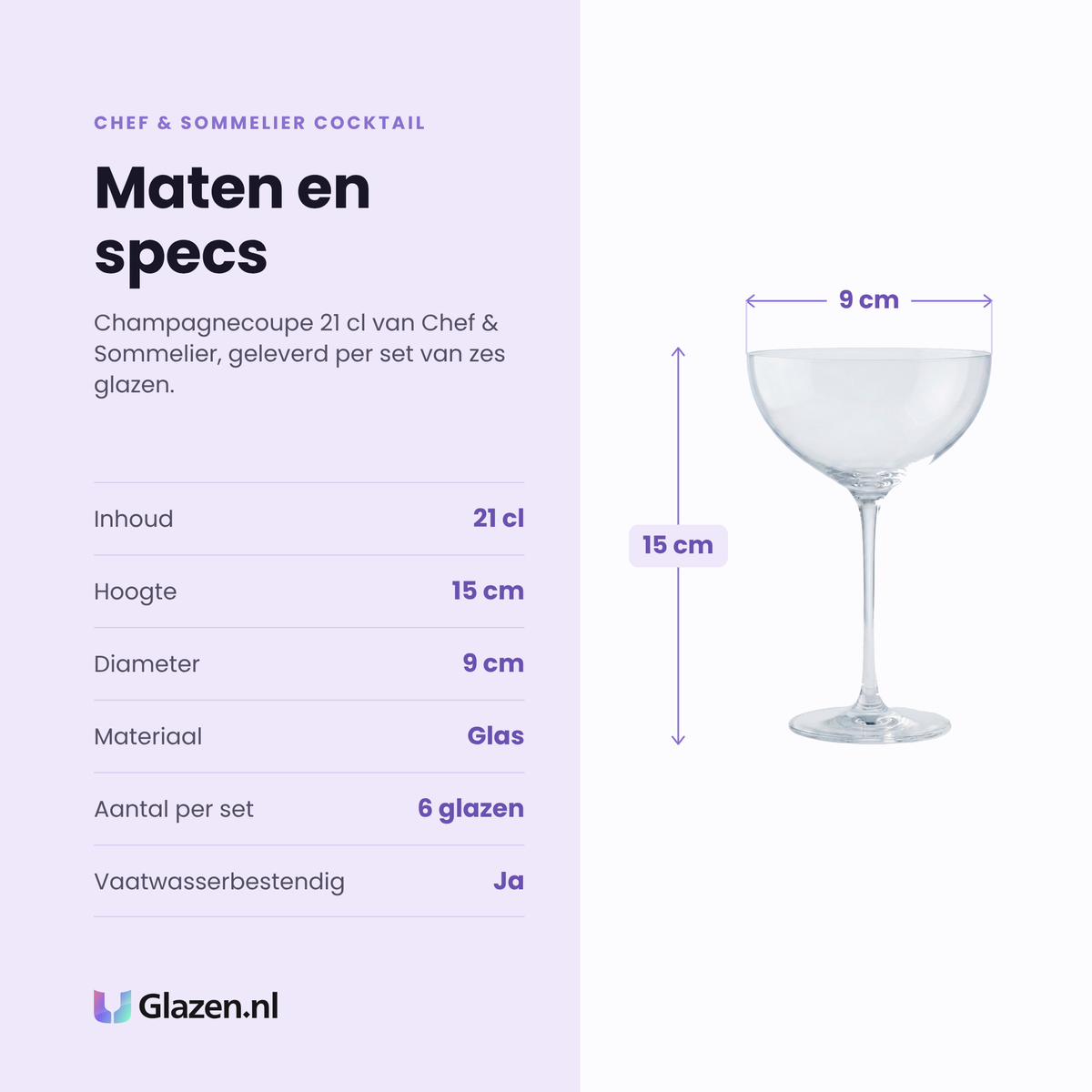 Chef & Sommelier Cocktail champagnecoupe 21 cl specificaties: inhoud 21 cl, hoogte 15 cm, diameter 9 cm, glas, set van 6