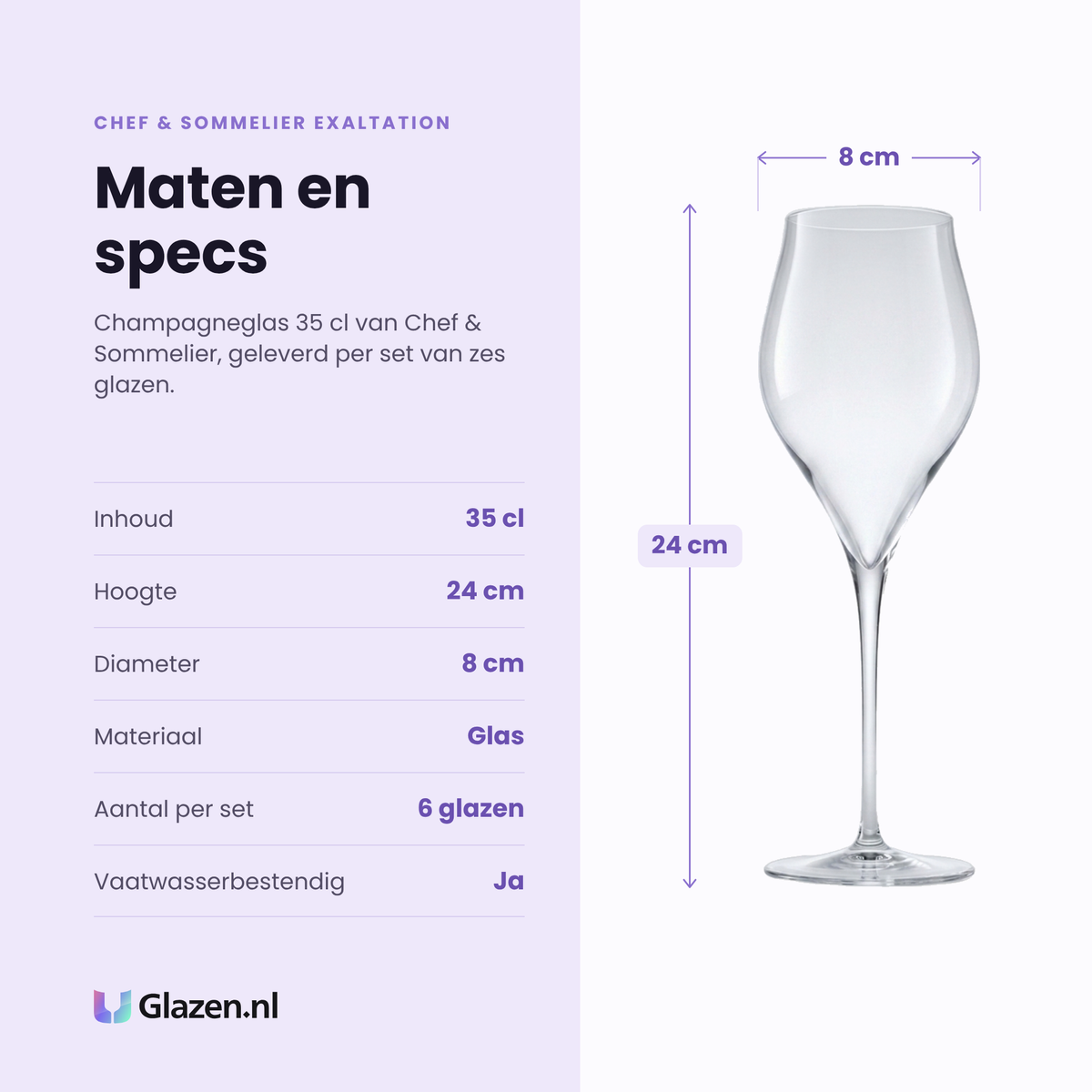 Chef & Sommelier Exaltation champagneglas 35 cl specificaties: inhoud 35 cl, hoogte 24 cm, diameter 8 cm, glas, set van 6