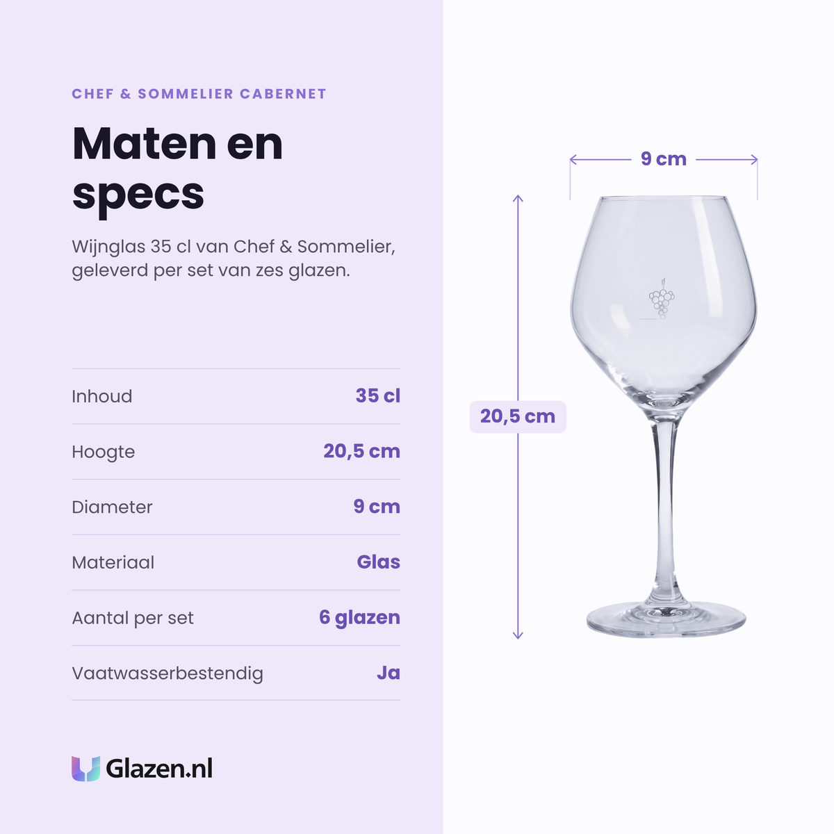 Chef & Sommelier Cabernet wijnglas 35 cl specificaties: inhoud 35 cl, hoogte 20,5 cm, diameter 9 cm, glas, set van 6