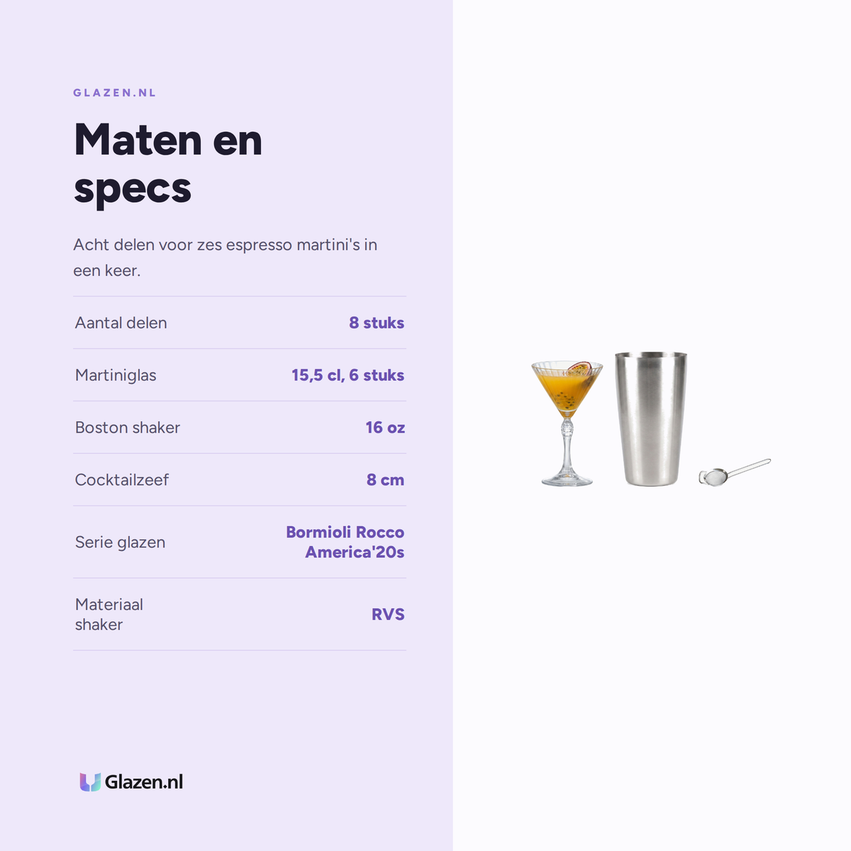 Maten en specificaties van de Espresso Martini Box 8-Delig (6 Martiniglazen, Shaker & Zeef)