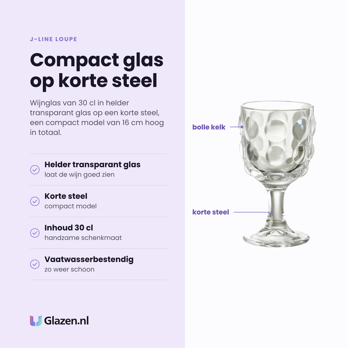 J-Line Loupe wijnglas 30 cl eigenschappen: helder transparant glas, korte steel, inhoud 30 cl, vaatwasserbestendig