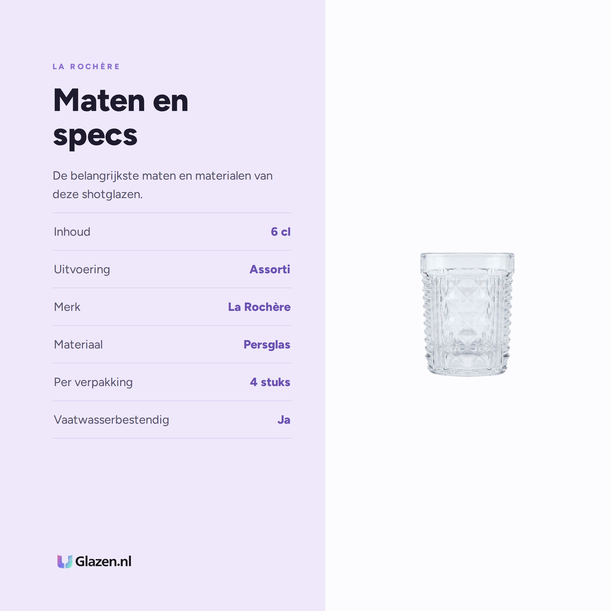 Infographic met de maten en specificaties van La Rochère Shotglazen 6 Cl Assorti - 4 Stuks