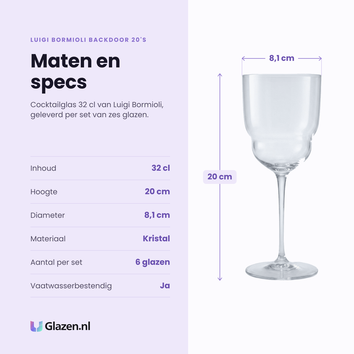 Luigi Bormioli Backdoor 20'S cocktailglas 32 cl specificaties: inhoud 32 cl, hoogte 20 cm, diameter 8,1 cm, kristal, set van 6