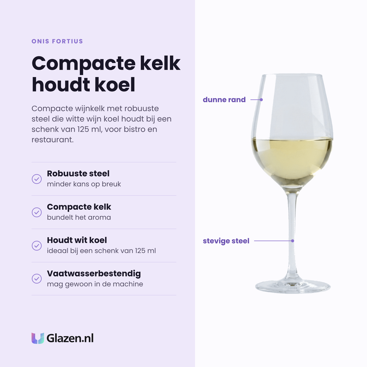 Onis Fortius wijnglas 30 cl eigenschappen: robuuste steelverbinding, compacte kelk bundelt aroma, houdt witte wijn koel, vaatwasserbestendig
