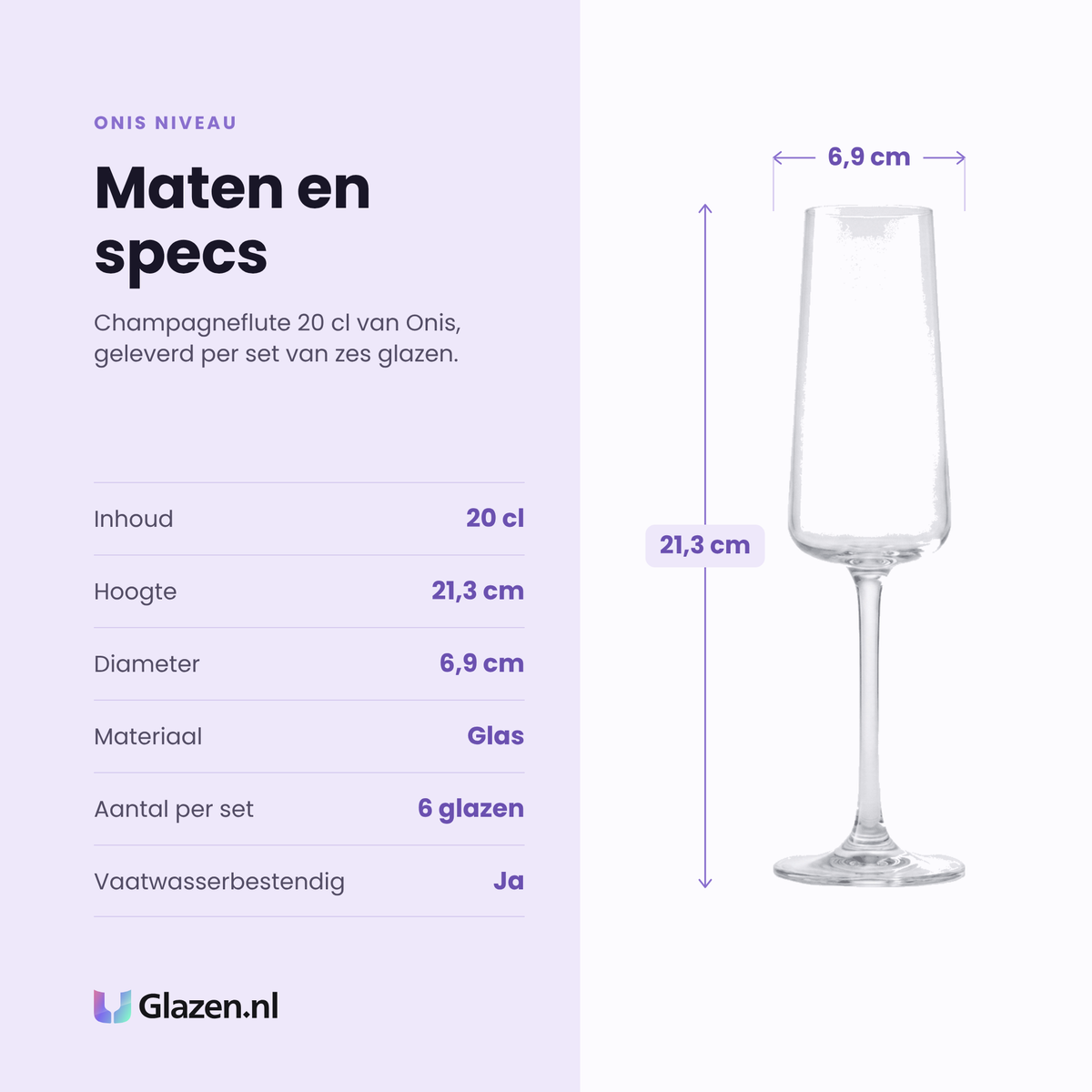 Onis Niveau champagneflute 20 cl specificaties: inhoud 20 cl, hoogte 21,3 cm, diameter 6,9 cm, glas, set van 6