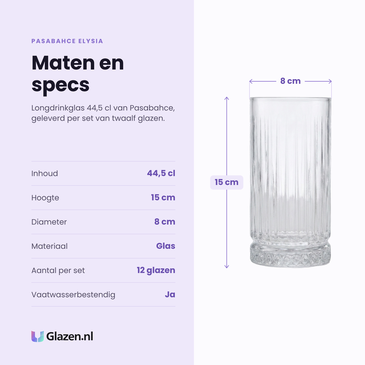 Pasabahce Elysia longdrinkglas 44,5 cl specificaties: inhoud 44,5 cl, hoogte 15 cm, diameter 8 cm, glas, set van 12