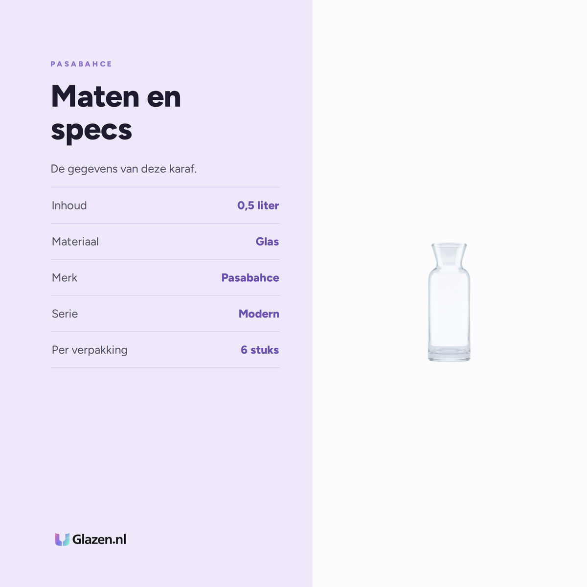 Maten en specs van Pasabahce Modern Karaf 0,5 Liter - 6 Stuks
