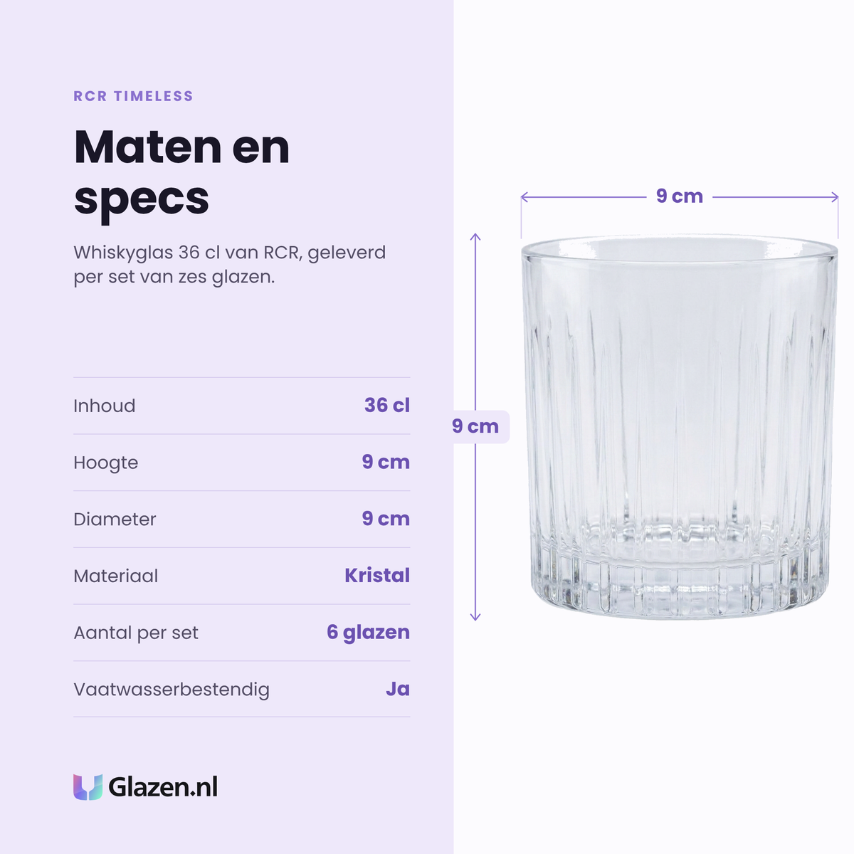 RCR Timeless whiskyglas 36 cl specificaties: inhoud 36 cl, hoogte 9 cm, diameter 9 cm, kristal, set van 6
