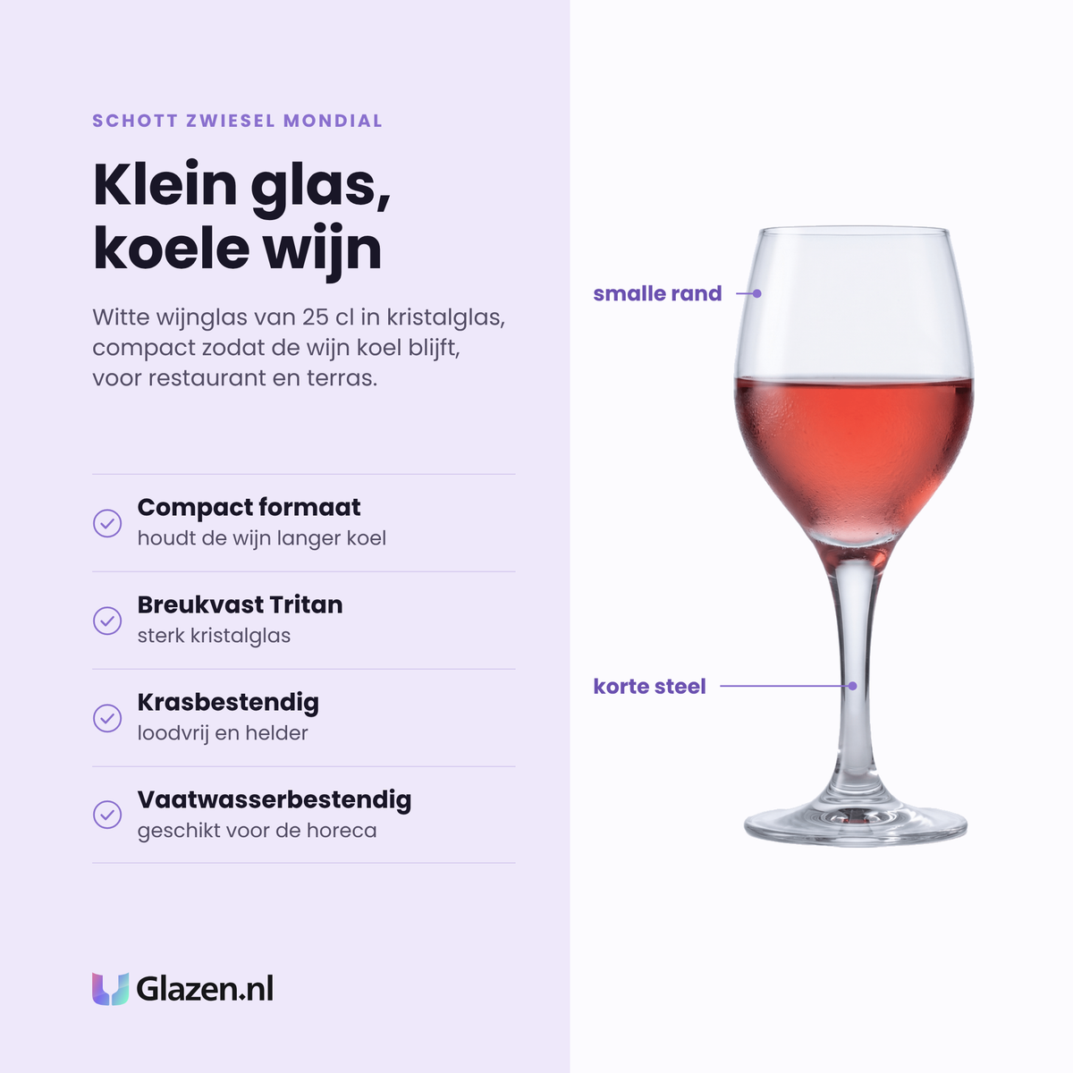 Schott Zwiesel Mondial witte wijnglas 25 cl eigenschappen: compact formaat, breukvast Tritan kristalglas, krasbestendig en loodvrij, vaatwasserbestendig