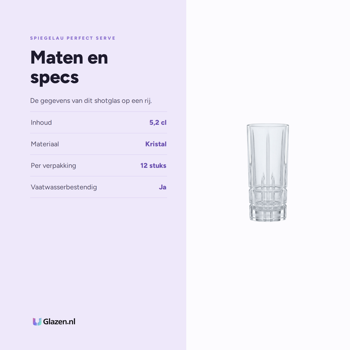 Spiegelau Perfect Serve Collection Shotglas 5,2 Cl, 12 Stuks specificaties: inhoud 5,2 cl, materiaal Kristal, per verpakking 12 stuks, vaatwasserbestendig Ja