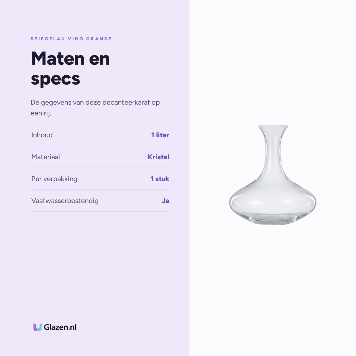Spiegelau Vino Grande Decanteerkarafaraf 1 L specificaties: inhoud 1 liter, materiaal Kristal, per verpakking 1 stuk, vaatwasserbestendig Ja