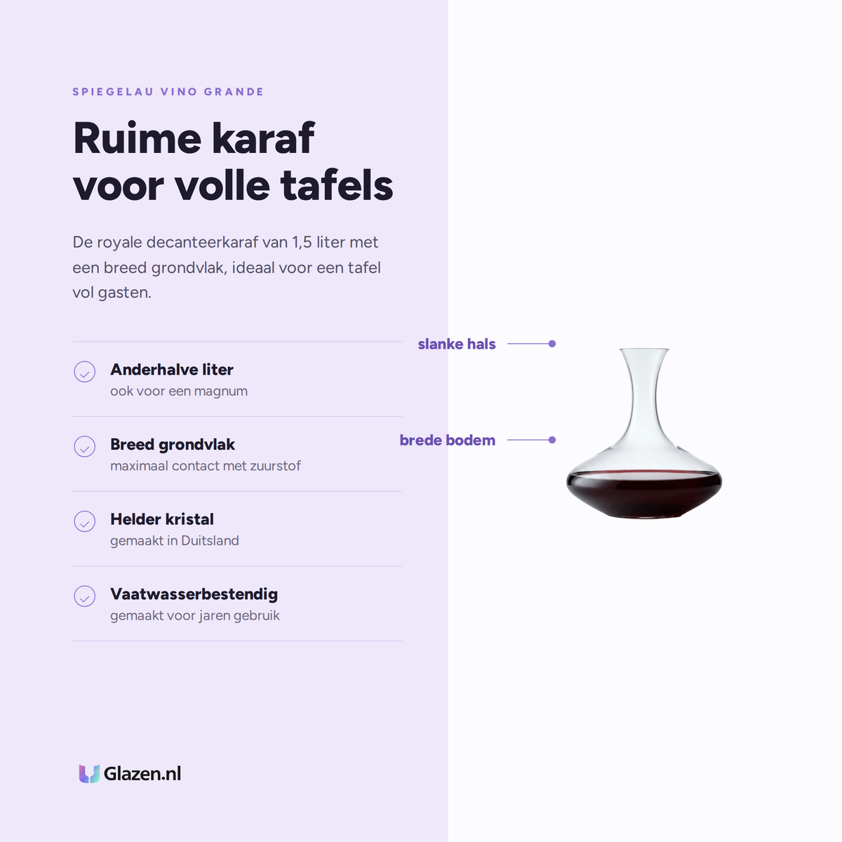 Spiegelau Vino Grande Decanteerkarafaraf 1,5 L eigenschappen: anderhalve liter, breed grondvlak, helder kristal, vaatwasserbestendig